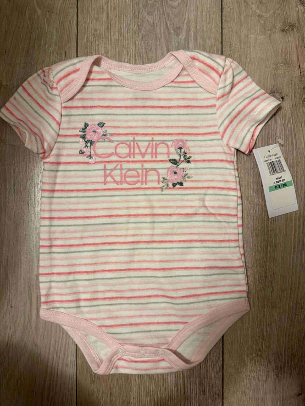 Calvin Klein Pink and White Striped Floral Logo Bodysuit